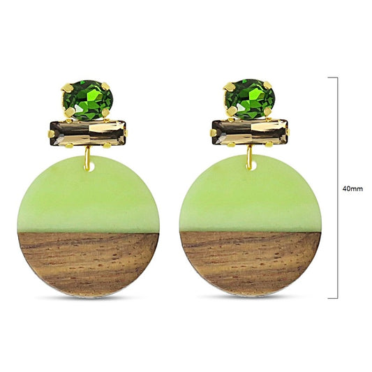 Gold-tone pierced drop earrings with a small green crystal, smoky baguette stone and a pale lime-green resin and wood disc
