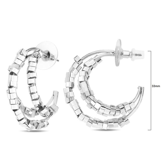 Silver hoop earrings made of three rows of small shiny cube beads, with a post and clutch fastening