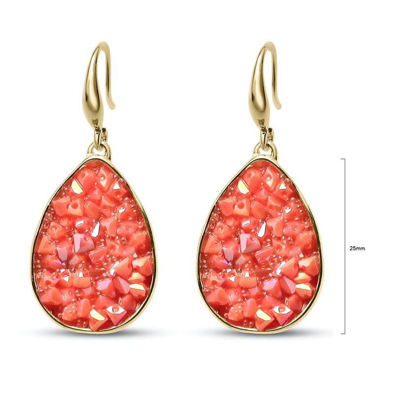 Pair of metal teardrop-shaped fishhook earrings decorated with sparkling gold and coral crystal chips