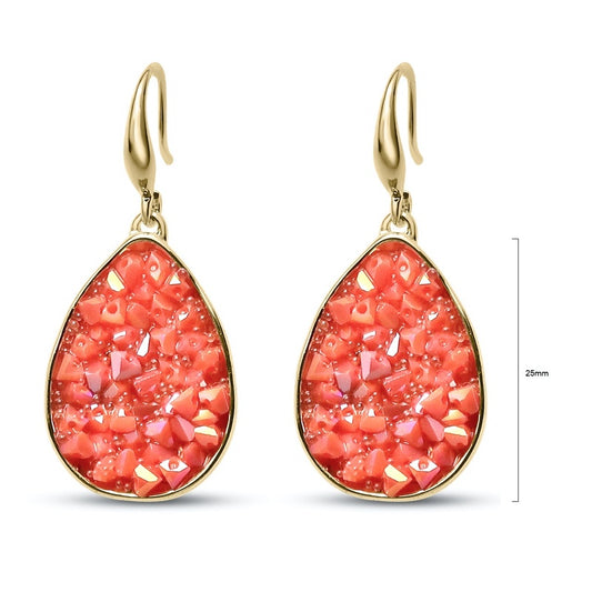Pair of metal teardrop-shaped fishhook earrings decorated with sparkling gold and coral crystal chips