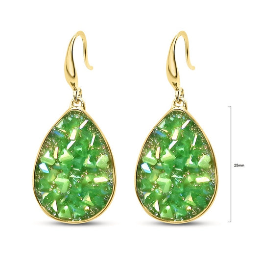 Metal teardrop-shaped fishhook earrings adorned with sparkling gold and green crystal chips