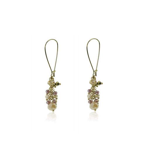 Gold and peach-tone drop earrings with faceted crystals linked on fish wire