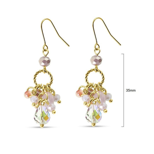 Pair of fishhook earrings with blush pink, peach and pale mauve glass beads, a clear iridescent teardrop and gold accents