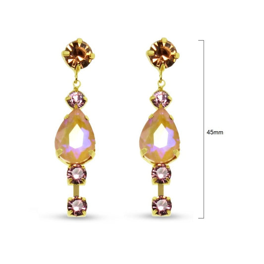 Pair of rose gold drop earrings with sparkling glass stones set in a delicate metal design