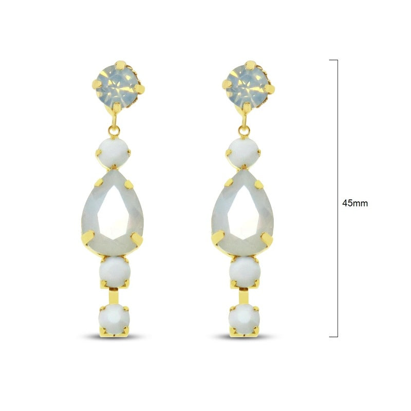 Pair of stone white gold drop earrings with an array of sparkling glass stones set in a soft gold-white metal