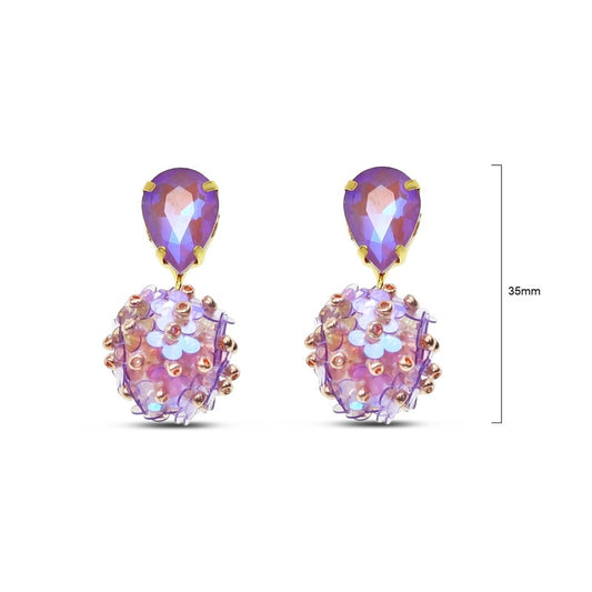 Pierced earrings with a faceted glass teardrop stud and a hanging round sequin flower ball, shown in aqua or violet