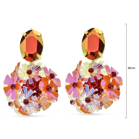 Orange, red and gold-plated drop earrings with a glass stone and a sequin ball hanging below