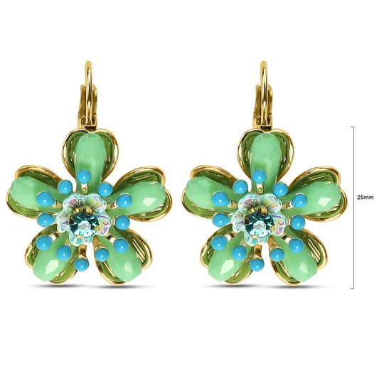 Pair of flower-shaped earrings in green and gold plating, set with glass stones, with a French clip closure