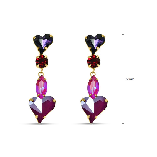 Heart-shaped earrings with multi-tone faceted glass stones set in gold-plated metal