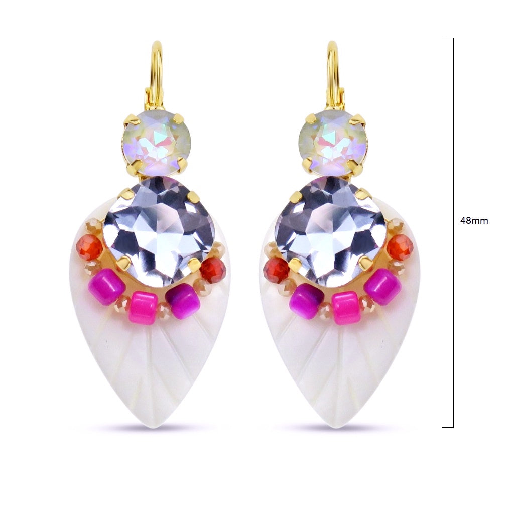 Gold and violet tone pierced french clip earrings with glass stones, shell and mixed beads
