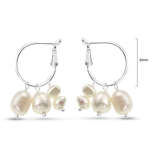 Metal hoop drop earrings with lustrous freshwater pearls, shown in silver and gold finishes