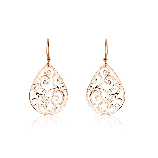 Tear-shaped swirl cutout stainless steel fishhook earrings in rose gold and silver