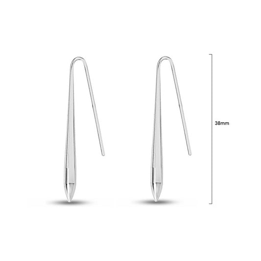 Pair of silver stainless-steel stick fishhook earrings with a gently curved hook and slender straight drop