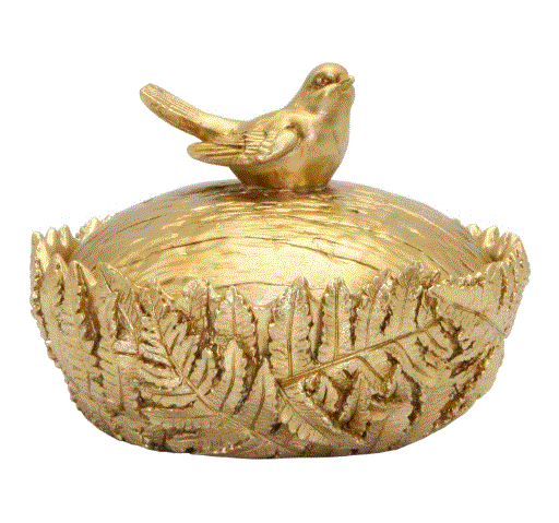 Elegant 13cm gold giftware box decorated with a delicate fern leaf and a bird perched on the lid