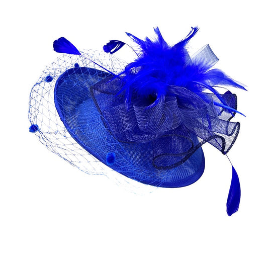 Electric cobalt blue fascinator that can be worn with a headband or clip