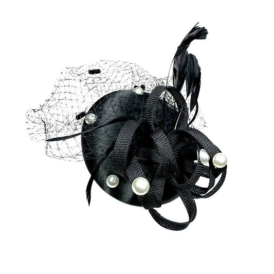 Classic fascinator in black, white, gold and orange with an elegant pearl detail, shown with a headband and hair clip