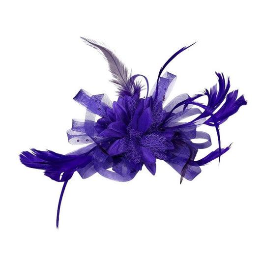 Small deep purple feather fascinator by Autun with a soft, delicate feather