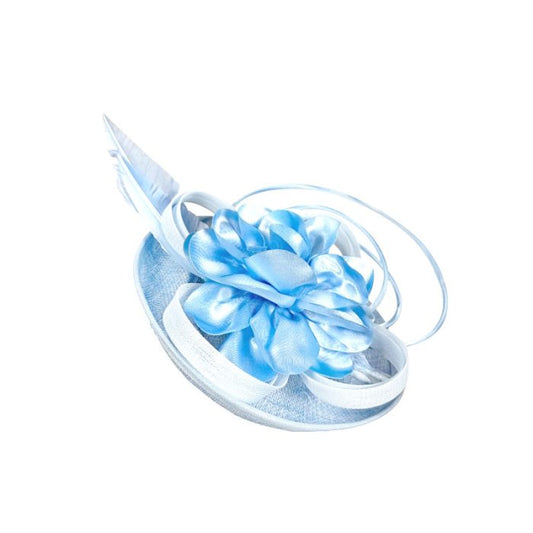 Pale blue fascinator with a small delicate feather trim