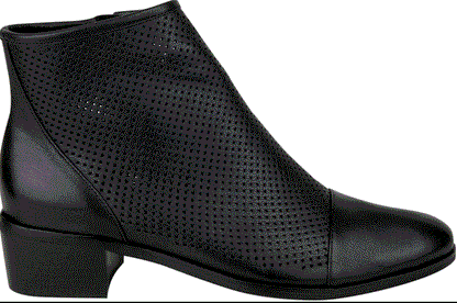 Black leather ankle boot with a rounded toe, contrasting textures on the front of the foot and a side zip