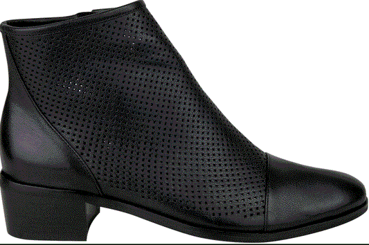 Black leather ankle boot with a rounded toe, contrasting textures on the front of the foot and a side zip