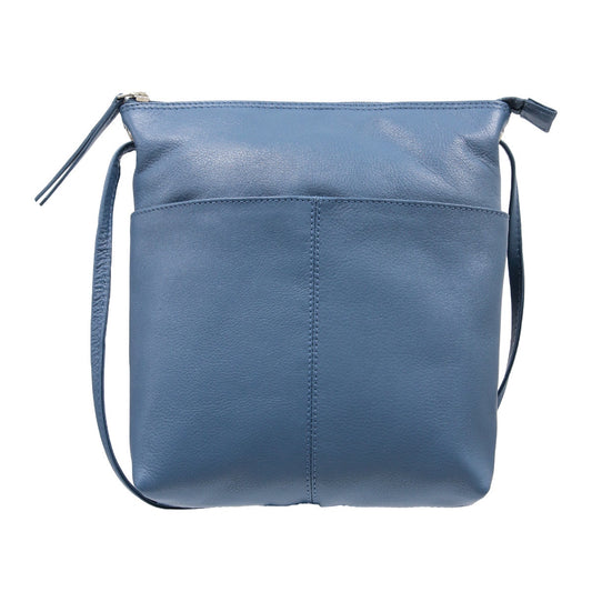 Leather San Miguel bag in denim blue with zip pullers, highlight stitching, front pocket and adjustable knotted shoulder straps