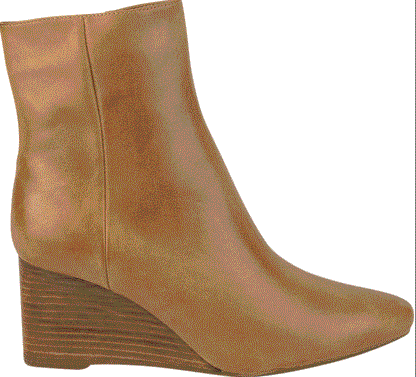 Tan leather ankle boot with a slightly shaped toe, wedge heel and side zip