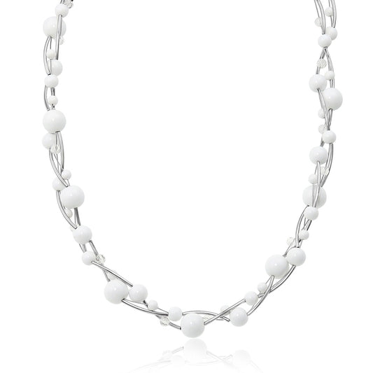 Two-row twist necklace with glass beads, faceted crystals and metal tubes in a rhodium, crystal and white enamel finish