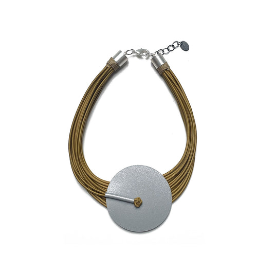 Multi-strand Mingk necklace with a circle knot design and a grey concrete disc, shown in mustard and navy colourways