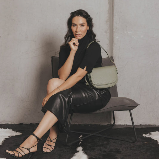 Addison shoulder and crossbody handbag by Black Caviar Designs with gold hardware, magnetic closure and studded strap