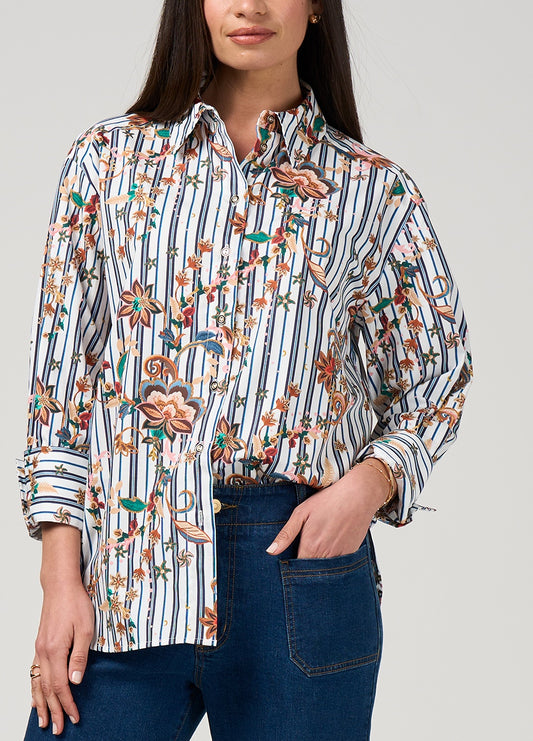 Navy-and-white striped cotton shirt with multicoloured floral print, classic collar, buttoned placket and double-buttoned cuffs