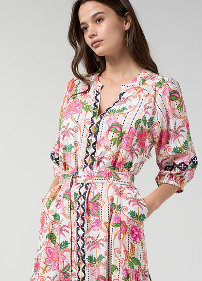 Silk White Multi midi dress with embroidered placket and lower sleeves, tie belt at the waist and gathered side hem panels with print