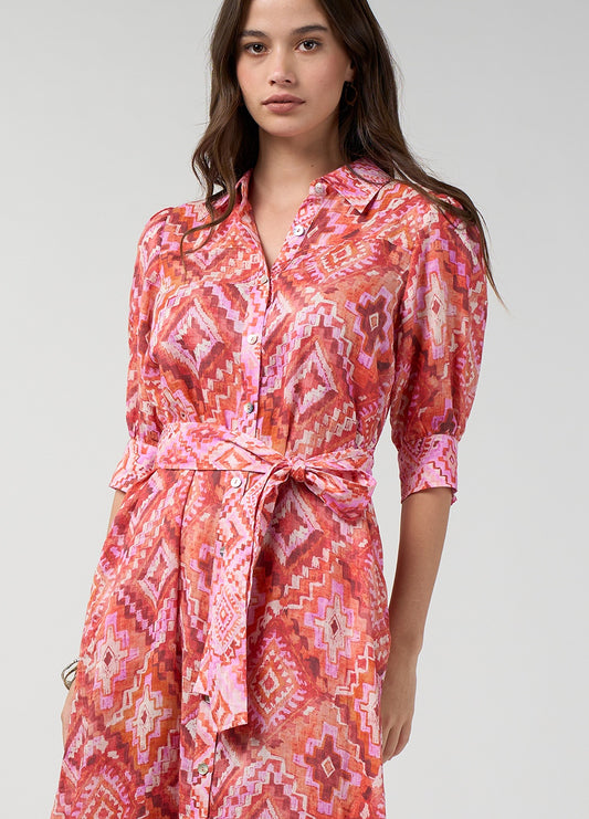 Printed ramie shirt dress in coral and jungle multi tones with a front placket, contrast-print cuffs and a tie belt at the waist