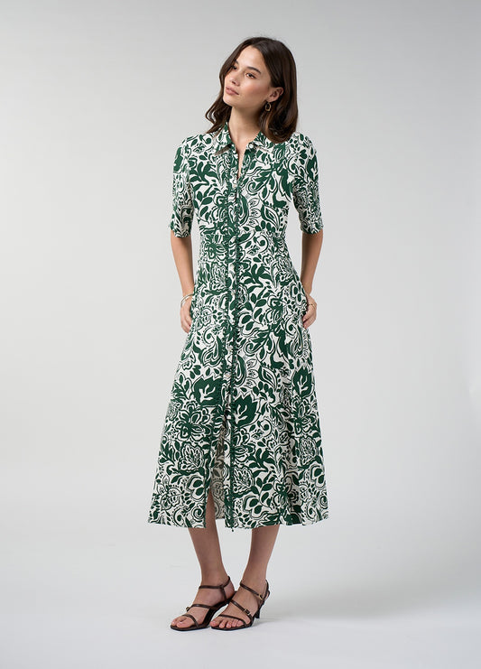 Buttermilk Multi printed shirt dress in silky stretch viscose with a button placket, delicate trim and a structured skirt