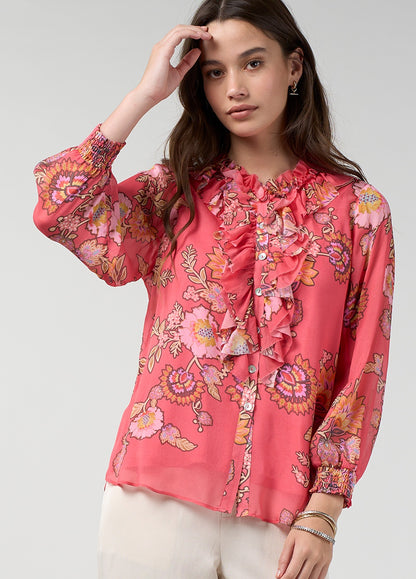 Floaty multi-coloured button-up blouse with layered ruffles down the front neckline and placket, shirred cuffs and a matching cami
