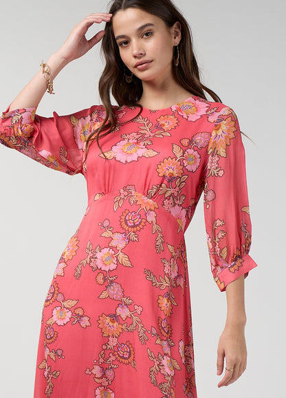 Mirissa midi dress in multi-coloured print with blouson sleeves gathered into cuffs, a shaped waist seam and a flowing midi skirt