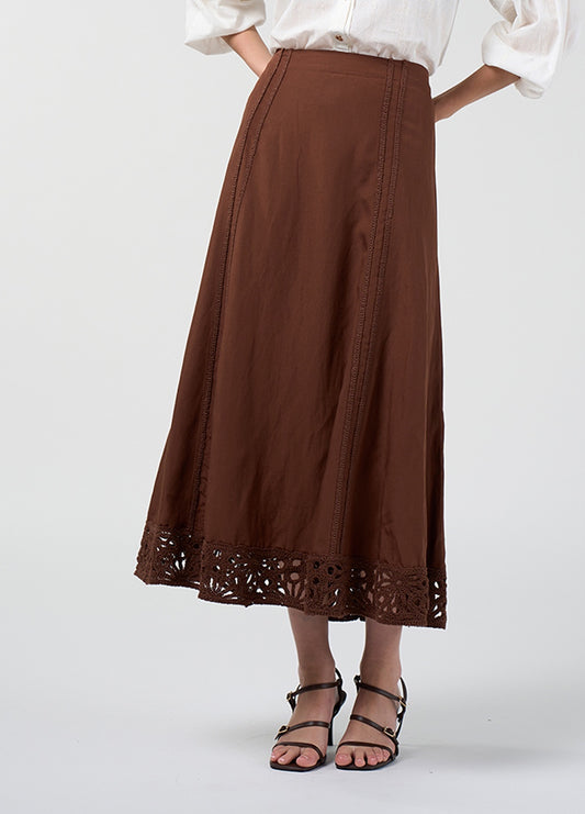 Flared line skirt in Espresso or Rose with delicate lace trim, structured panelling and elasticated back waist