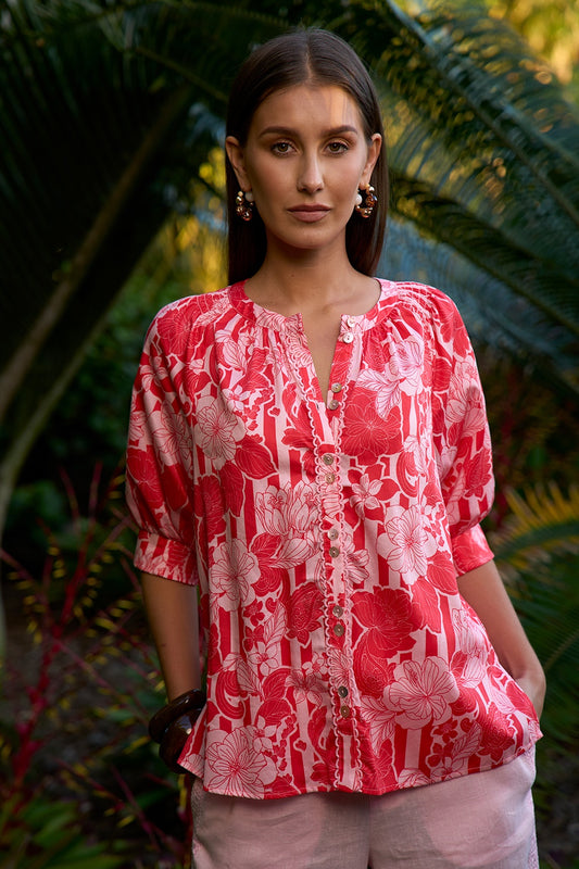 Watermelon Multi cotton button-through shirt with raglan sleeves, lace trim on the front placket and shirred shoulders and cuffs