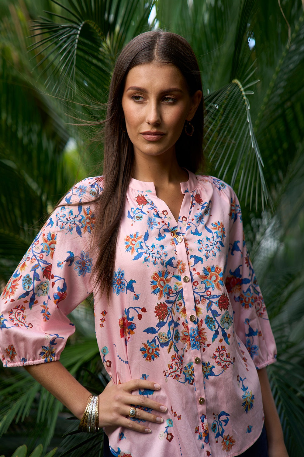 Blush multi printed cotton shirt with a statement print on the front and sleeves, softly shirred sleeves and a V-neckline