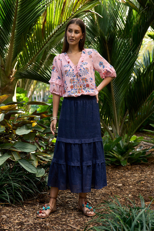 Blush multi ramie blouse with a deep V-neckline, tie detail, short blouson sleeves with elasticated cuffs and side splits