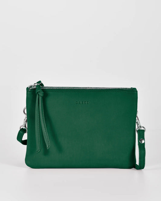 Gabee Fulton slimline leather cross-body bag with detachable buckle strap, in forest, powder and mulberry
