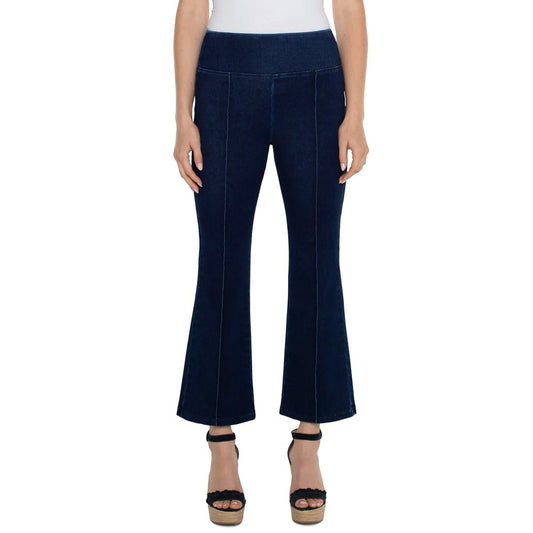 Dark indigo blue hi-rise pull-on ankle flare jeans with pintuck detail down each leg, no pockets, by Liverpool