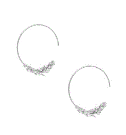 Pair of silver open hoop earrings, each with a small leaf shape sitting inside the hoop