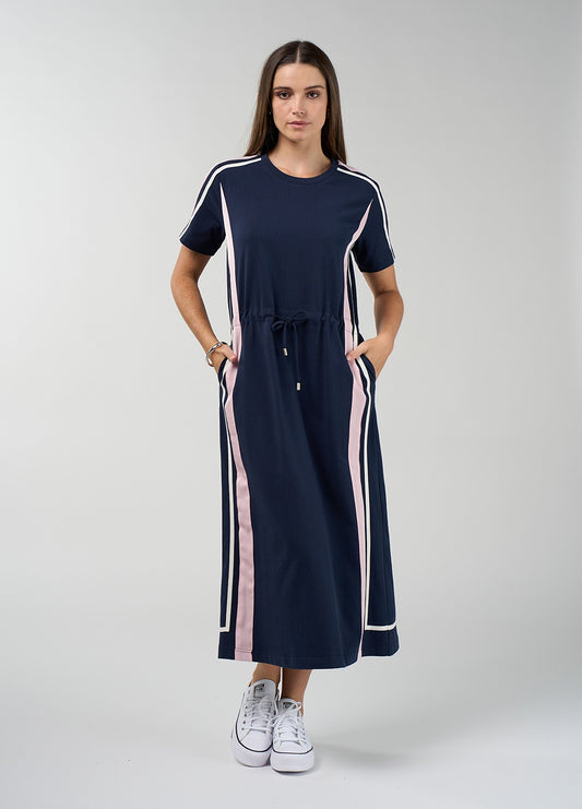 Navy and blush cotton jersey dress with contrast tapes across the overarm and side front and tie channels at the waist