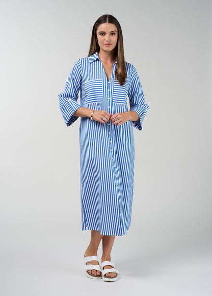 Cobalt cotton shirt dress with a collar, V-neckline, wide sleeves with cuffs and sleeve tabs, and a button-and-loop front