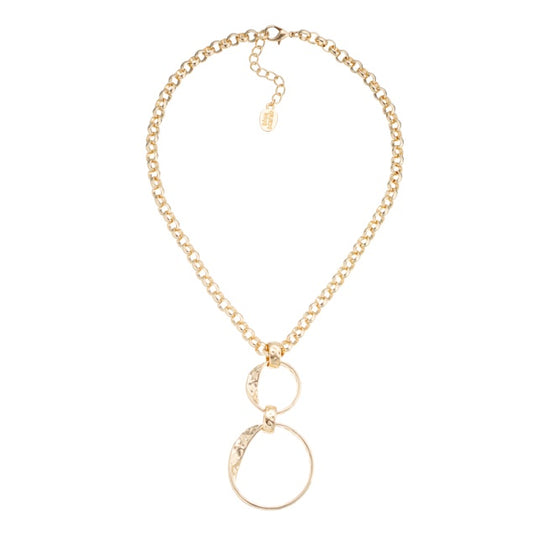 Gold necklace with two elegant loops that gracefully intertwine, with a shimmering gold finish