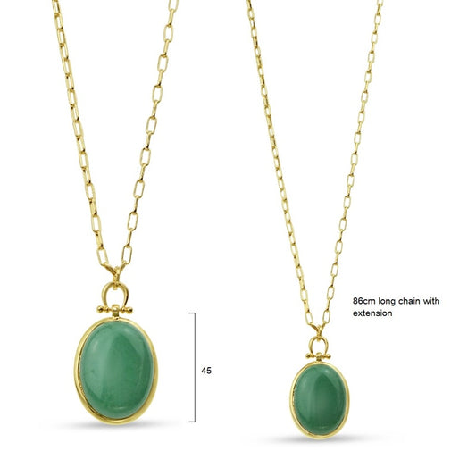Oval green aventurine pendant on a long gold plated chain necklace