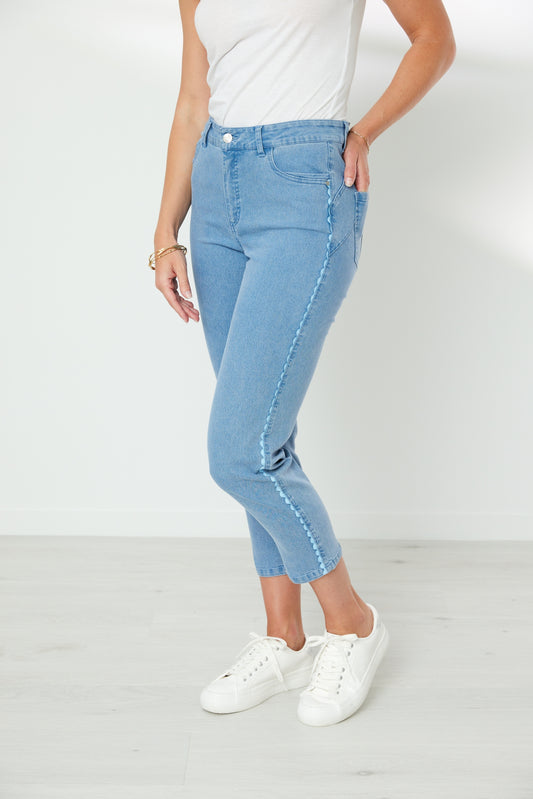 Light blue 7/8 length Rover Jean by Newport with ric-rac trim running down the leg