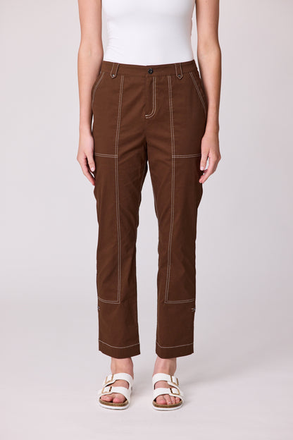 Cocoa brown cotton Charleston pant by Newport with contrasting stitching and front and back pockets
