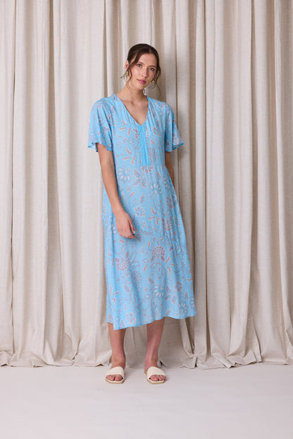Floral Destination Print dress with flutter sleeves, V-neckline and gathered back in lightweight viscose voile