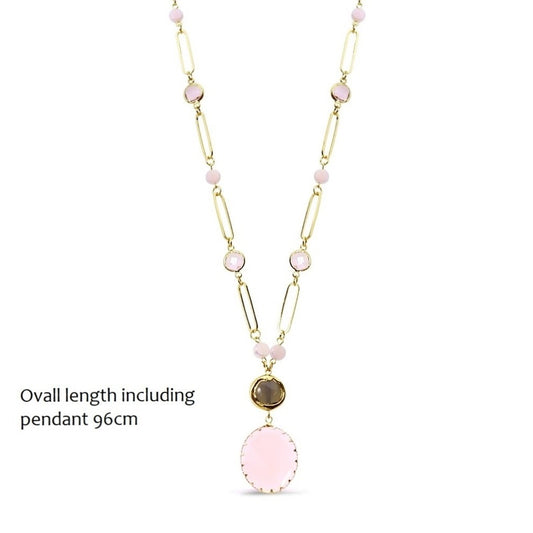 Long metal open chain necklace with faceted glass stations and a quartz pendant finished with a faceted glass drop